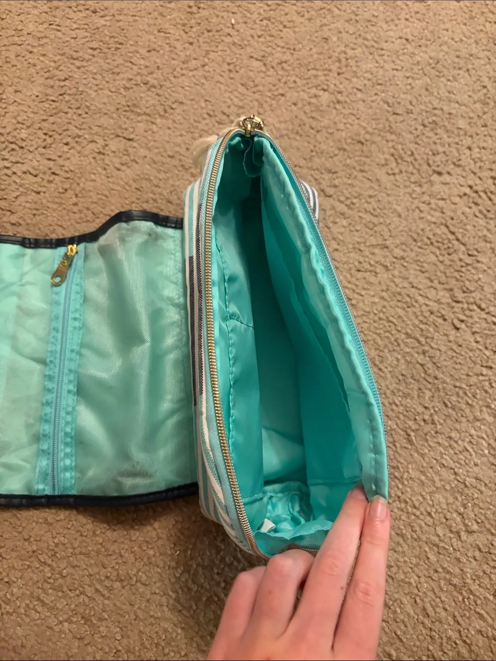 Striped Mint and Navy Fold-Over Women’s Cosmetic Clutch